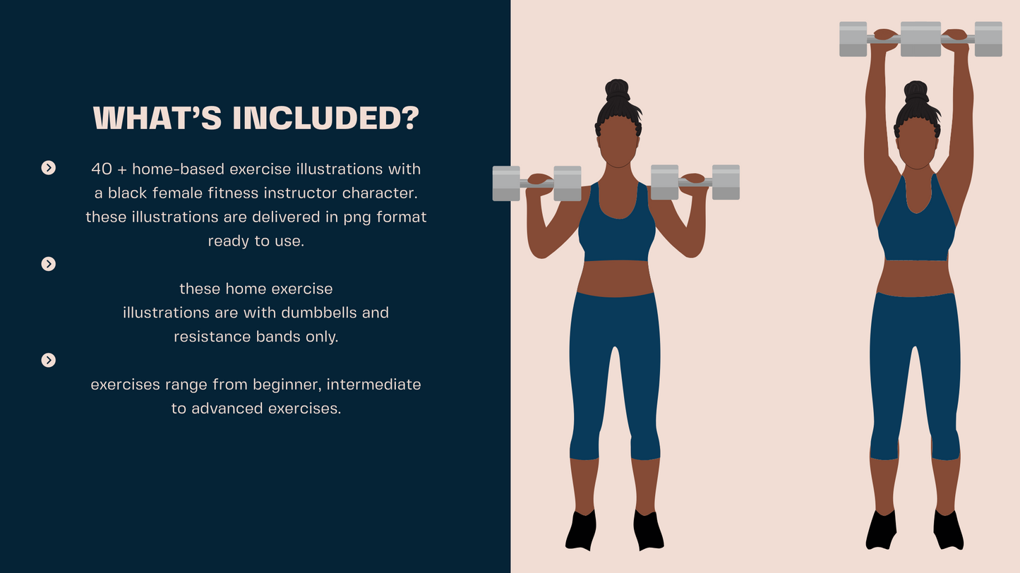 African American Female Exercise Illustrations - 40+ PNG Workout Clipart, Fitness Clipart, DFY Content for Workouts