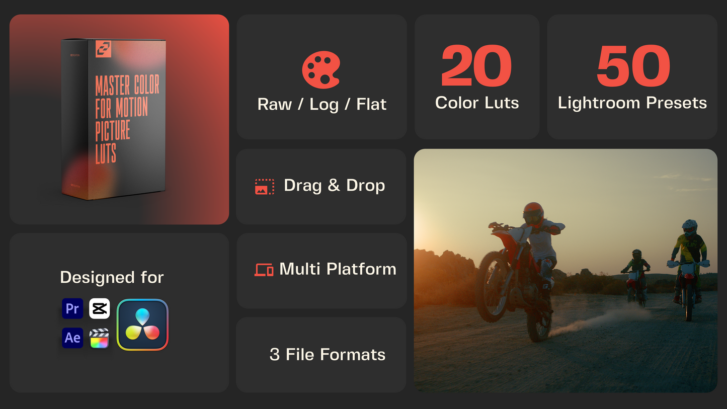 Motocross luts for capcut that work with a variety of DJI drone cameras, lighting and different landscapes. Suitable from the moody landscapes of the Faroe Islands to midday sunsets - CCreation.store
