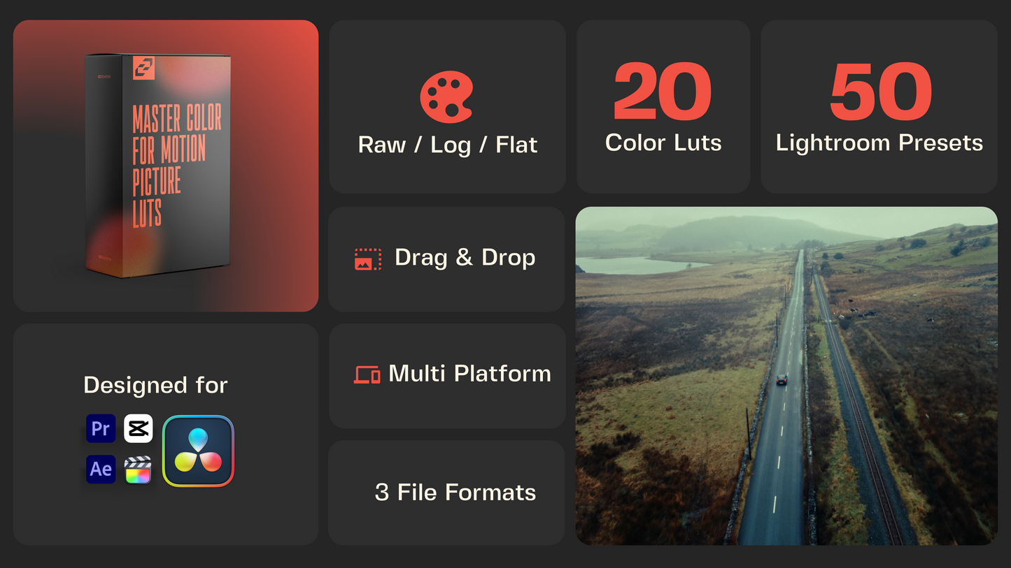 Drone luts for capcut that work with a variety of DJI drone cameras, lighting and different landscapes. Suitable from the moody landscapes of the Faroe Islands to midday sunsets - CCreation.store
