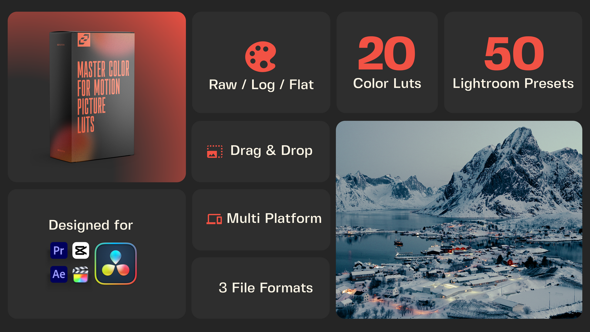 Winter snow luts for capcut that work with a variety of DJI drone cameras, lighting and different landscapes. Suitable from the moody landscapes of the Faroe Islands to midday sunsets - CCreation.store