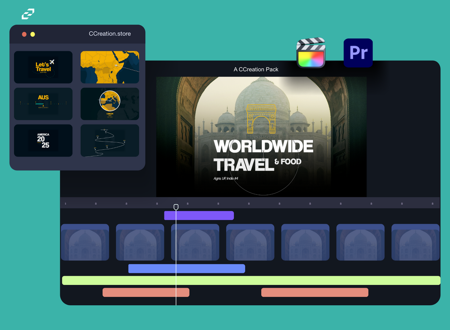 Final Cut Pro & Premiere Pro Animated Travel Graphic Pack, Elements including maps, titles and icons - CCreation Store