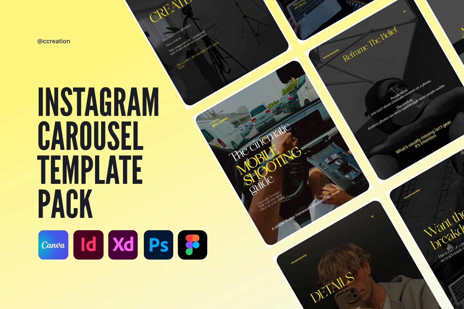 Clean Solopreneur Collection – Instagram Carousel Template Pack (Canva, Figma, Adobe XD, InDesign & Photoshop) ccreation.store