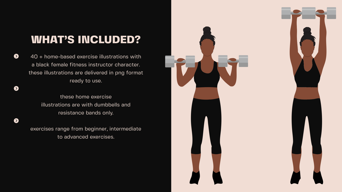 African American Female Exercise Illustrations - 40+ PNG Workout Clipart, Fitness Clipart, DFY Content for Workouts