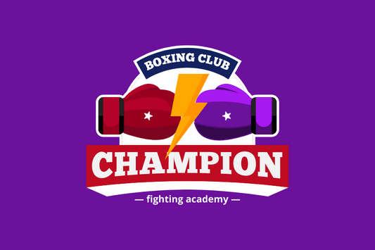 Logo of a boxing club with gloves and lightning bolt on a purple background