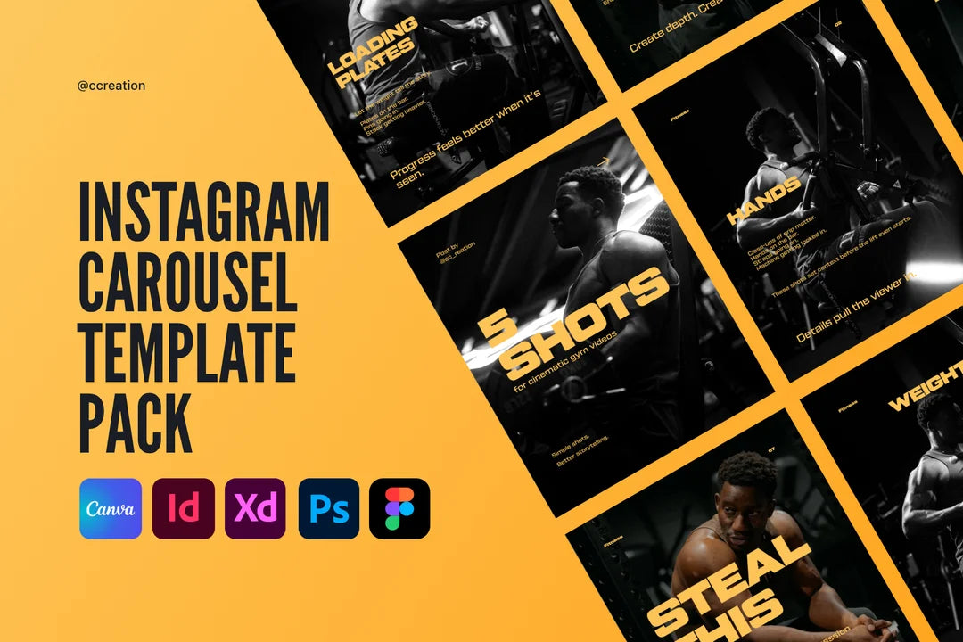 Hard Fitness Collection – Instagram Carousel Template Pack (Canva, Figma, Adobe XD, InDesign & Photoshop) ccreation.store