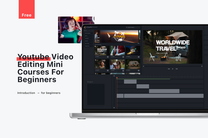 Laptop displaying video editing software with text about YouTube video editing mini courses for beginners.